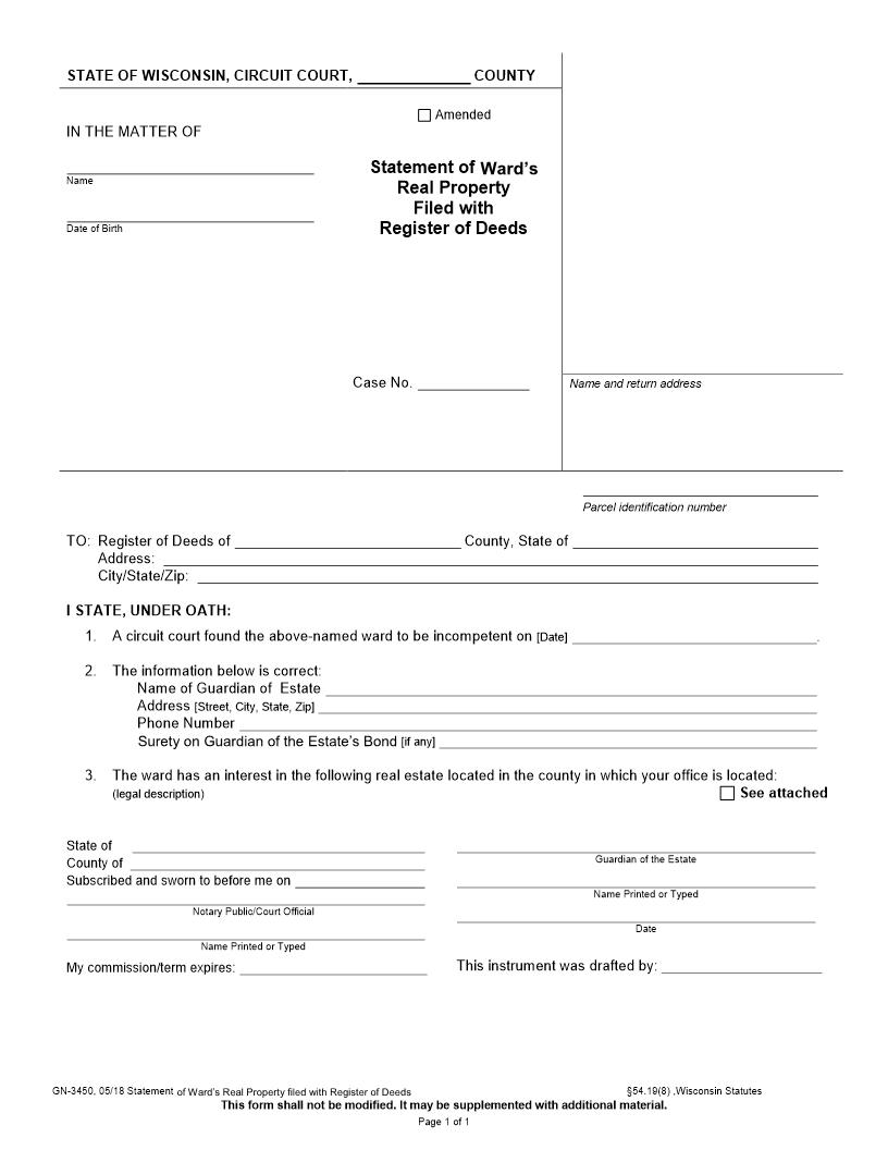 Statement Of Wards Real Property Filed With Register Of Deeds {GN-3450} | Pdf Fpdf Docx | Wisconsin