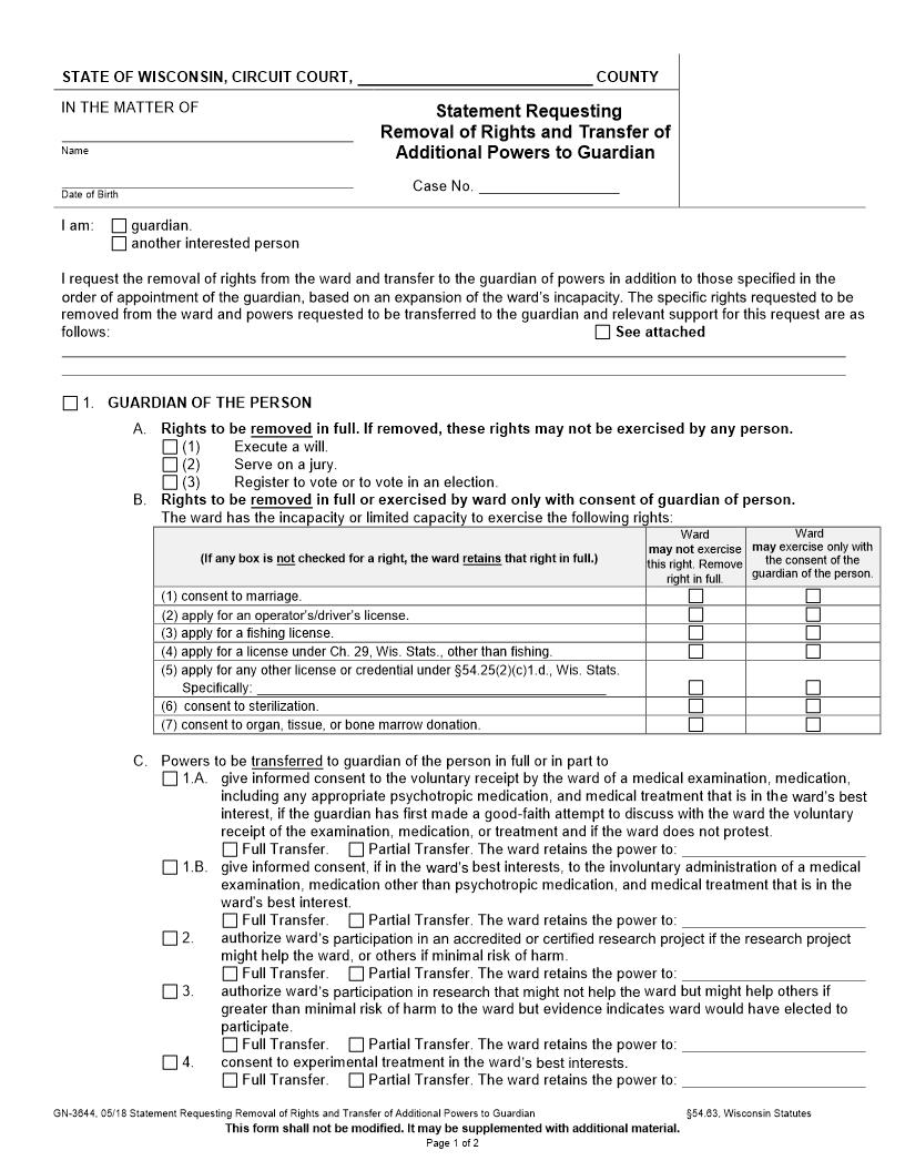 Statement Requesting Removal Of Rights And Transfer Of Additional Powers To Guardian {GN-3644} | Pdf Fpdf Docx | Wisconsin