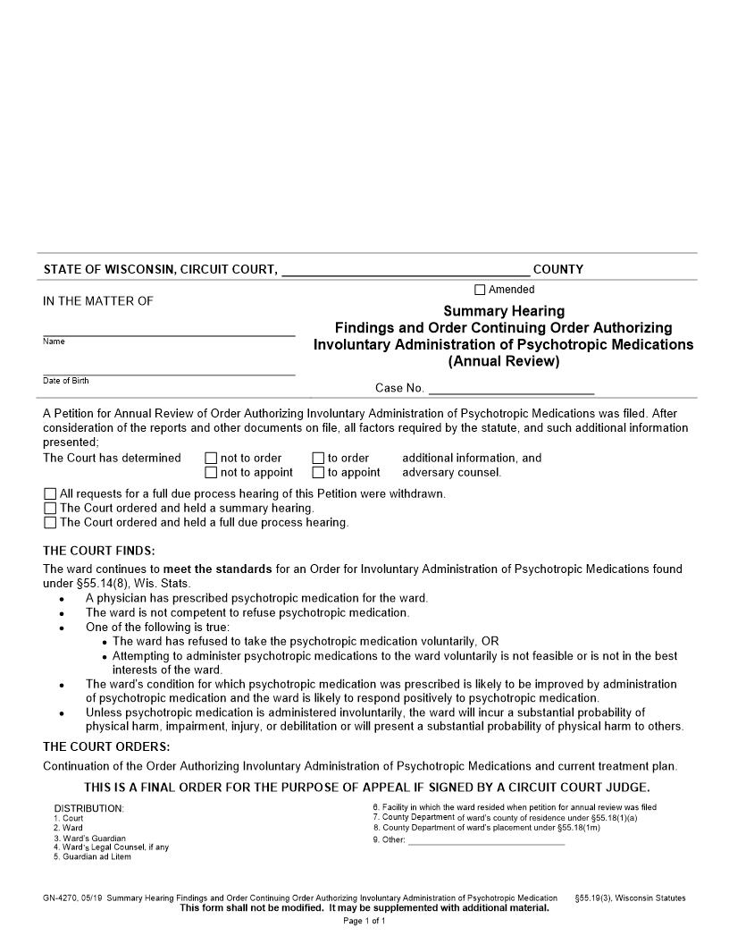 Summary Hearing Review Authorizing Medication {GN-4270} | Pdf Fpdf Docx | Wisconsin