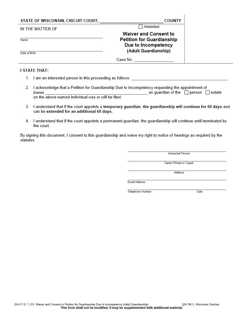 Waiver And Consent To Petition For Guardianship Due To Incompetency {GN-3115} | Pdf Fpdf Docx | Wisconsin