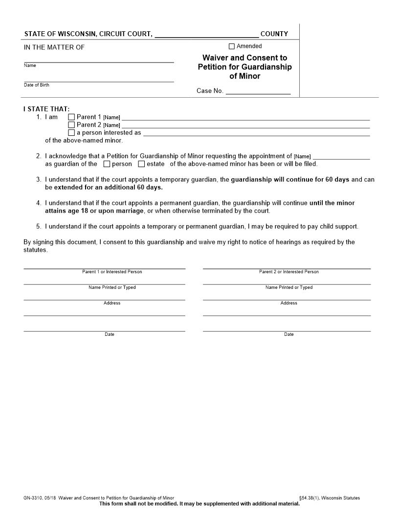 Waiver And Consent To Petition For Guardianship Of Minor {GN-3310} | Pdf Fpdf Docx | Wisconsin