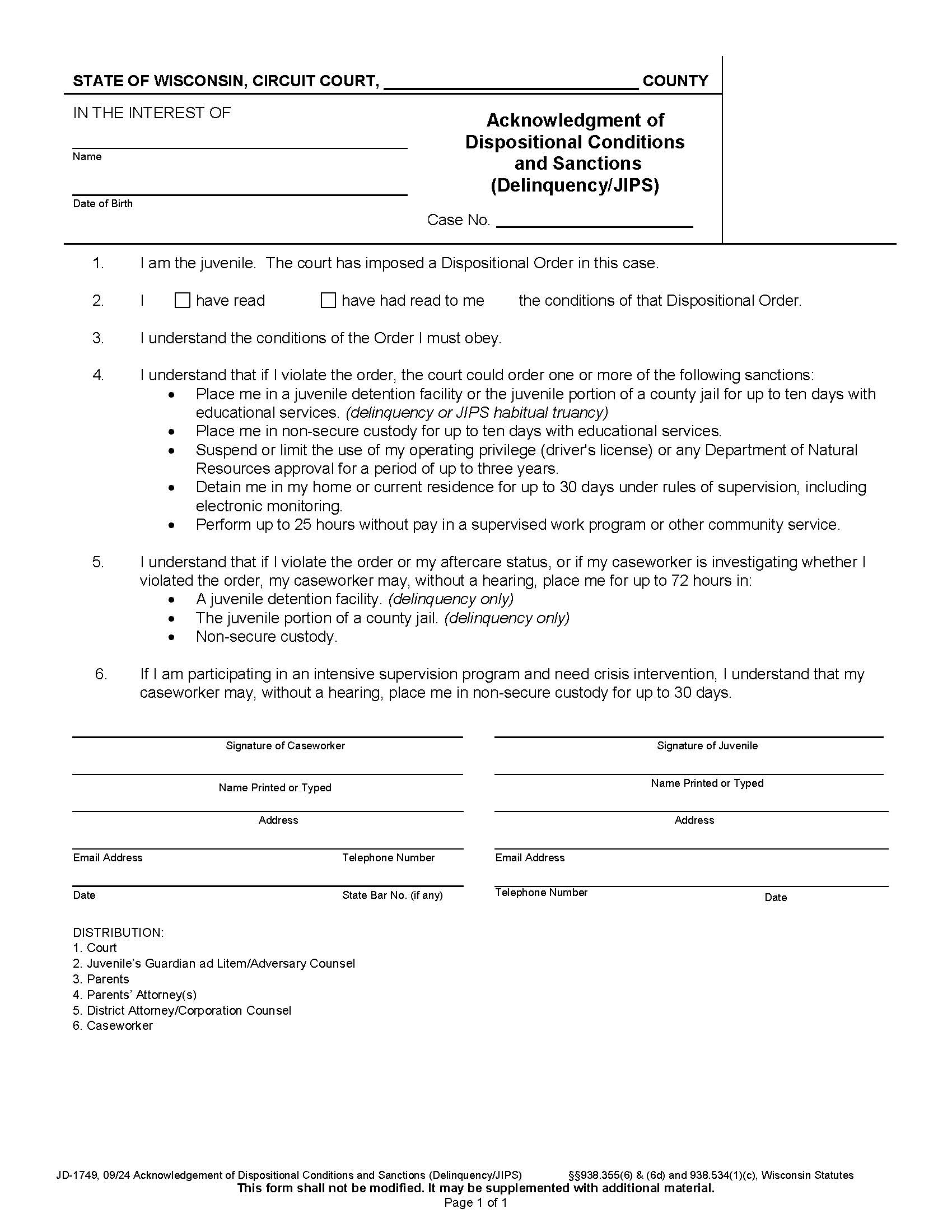 Acknowledgment Of Dispositional Conditions And Sanctions Delinquency JIPS {JD-1749} | Pdf Fpdf Docx | Wisconsin