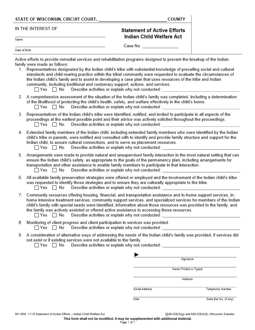 Active Efforts Supplement - Indian Child Welfare Act {IW-1609} | Pdf Fpdf Docx | Wisconsin