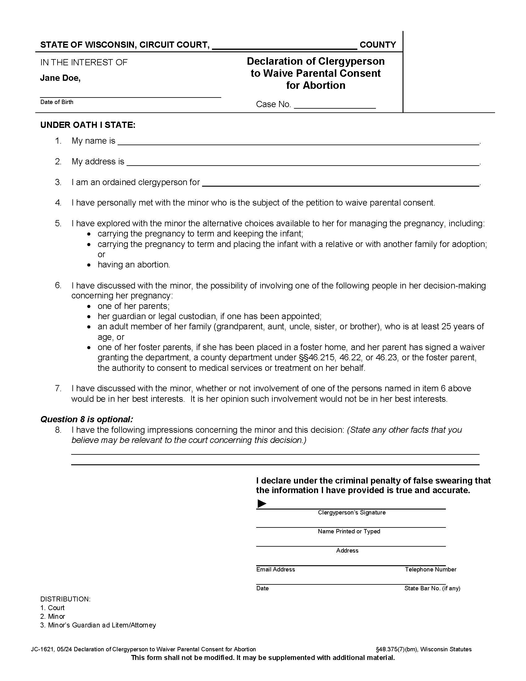 Affidavit Of Clergyperson To Waive Parental Consent For Abortion {JC-1621} | Pdf Fpdf Docx | Wisconsin