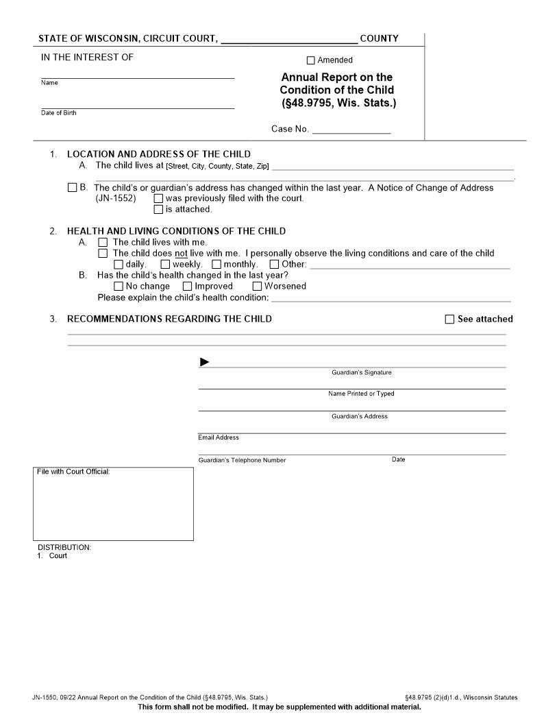 Annual Report On Condition Of The Child {JN-1550} | Pdf Fpdf Docx | Wisconsin