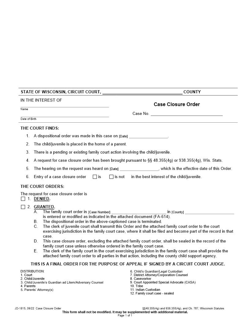 Case Closure Order {JD-1815} | Pdf Fpdf Docx | Wisconsin