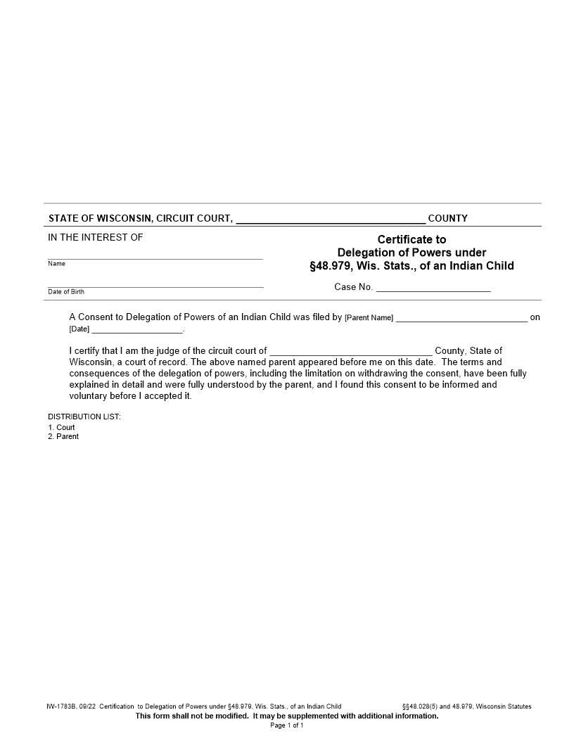 Certificate To Delegation Of Powers Under 48.979 Of An Indian Child {IW-1783B} | Pdf Fpdf Docx | Wisconsin
