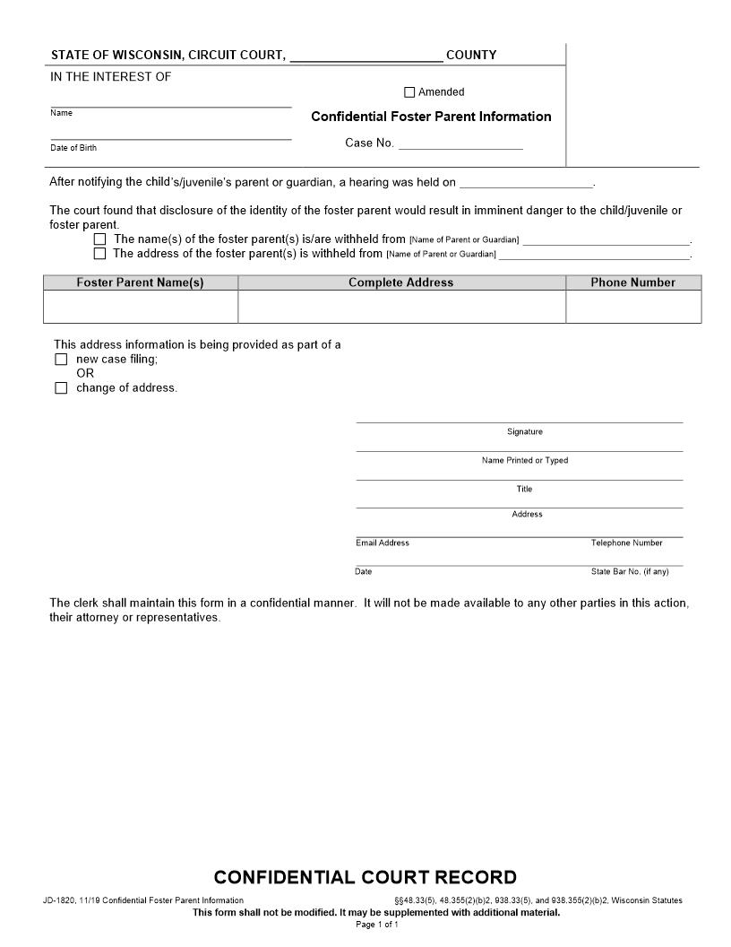 Confidential Foster Parent Information {JD-1820} | Pdf Fpdf Docx | Wisconsin