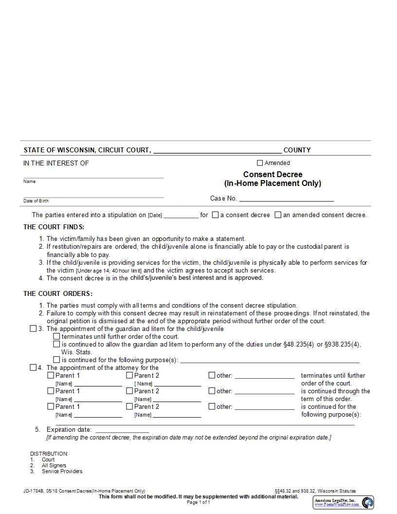 Consent Decree (In-Home Placement Only) {JD-1784B} | Pdf Fpdf Docx | Wisconsin
