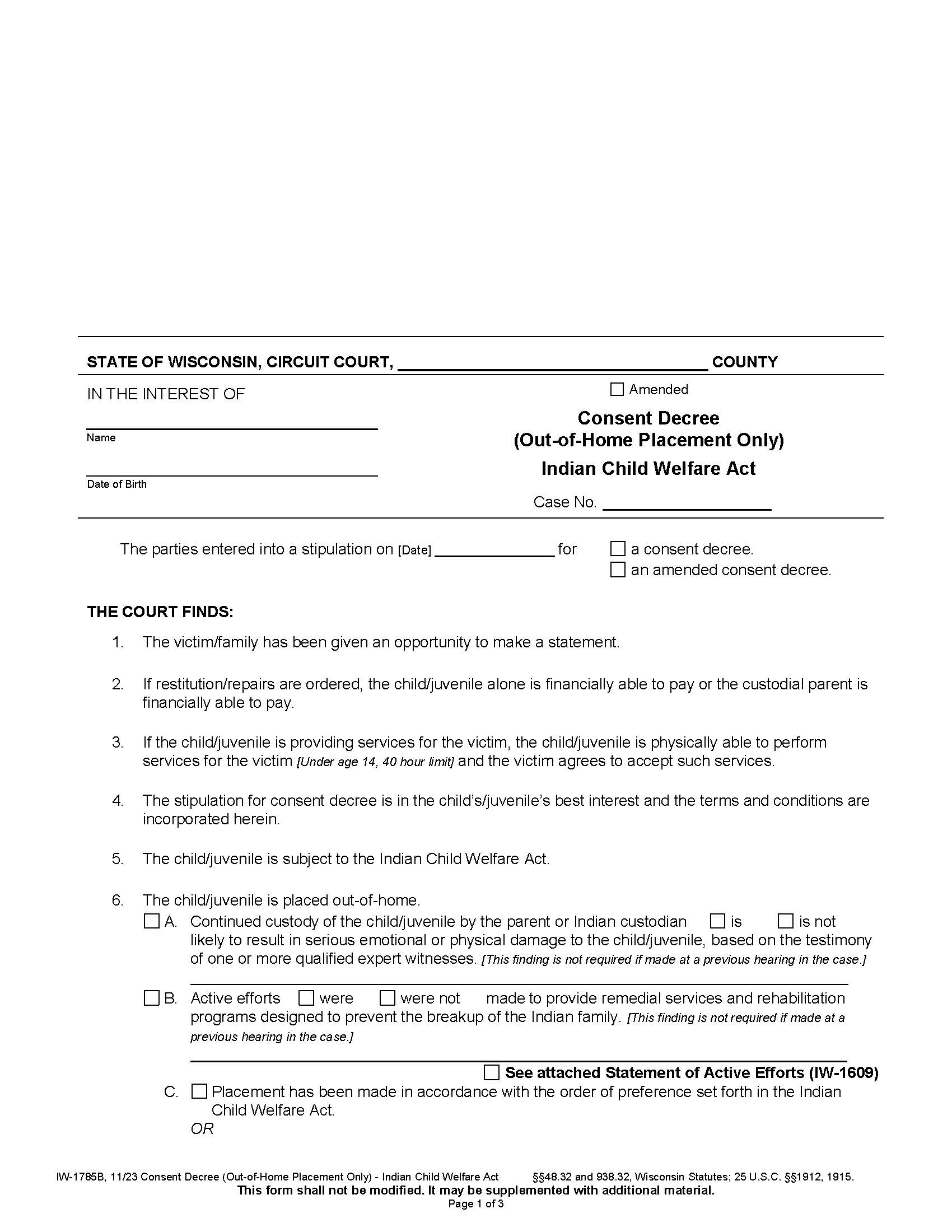 Consent Decree (Out of Home Placement Only) {IW-1785B} | Pdf Fpdf Docx | Wisconsin