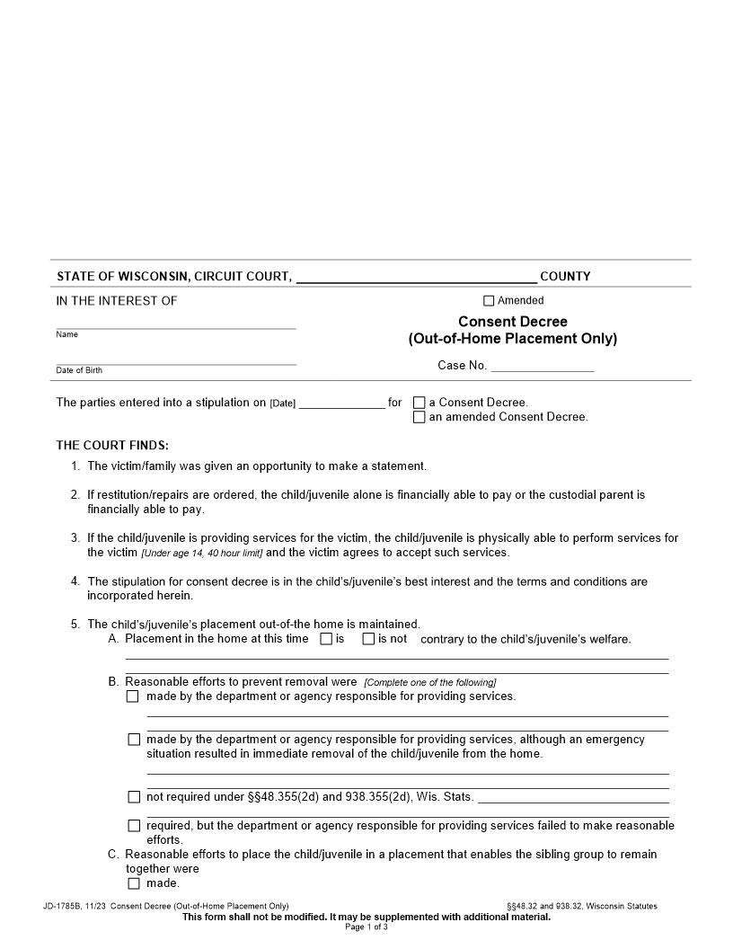 Consent Decree (Out-Of-Home Placement Only) {JD-1785B} | Pdf Fpdf Docx | Wisconsin