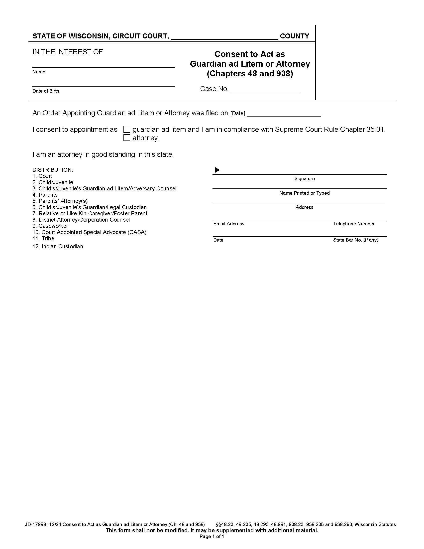 Consent To Act As Guardian Ad Litem Or Attorney (Ch. 48 and 938) {JD-1798B} | Pdf Fpdf Docx | Wisconsin