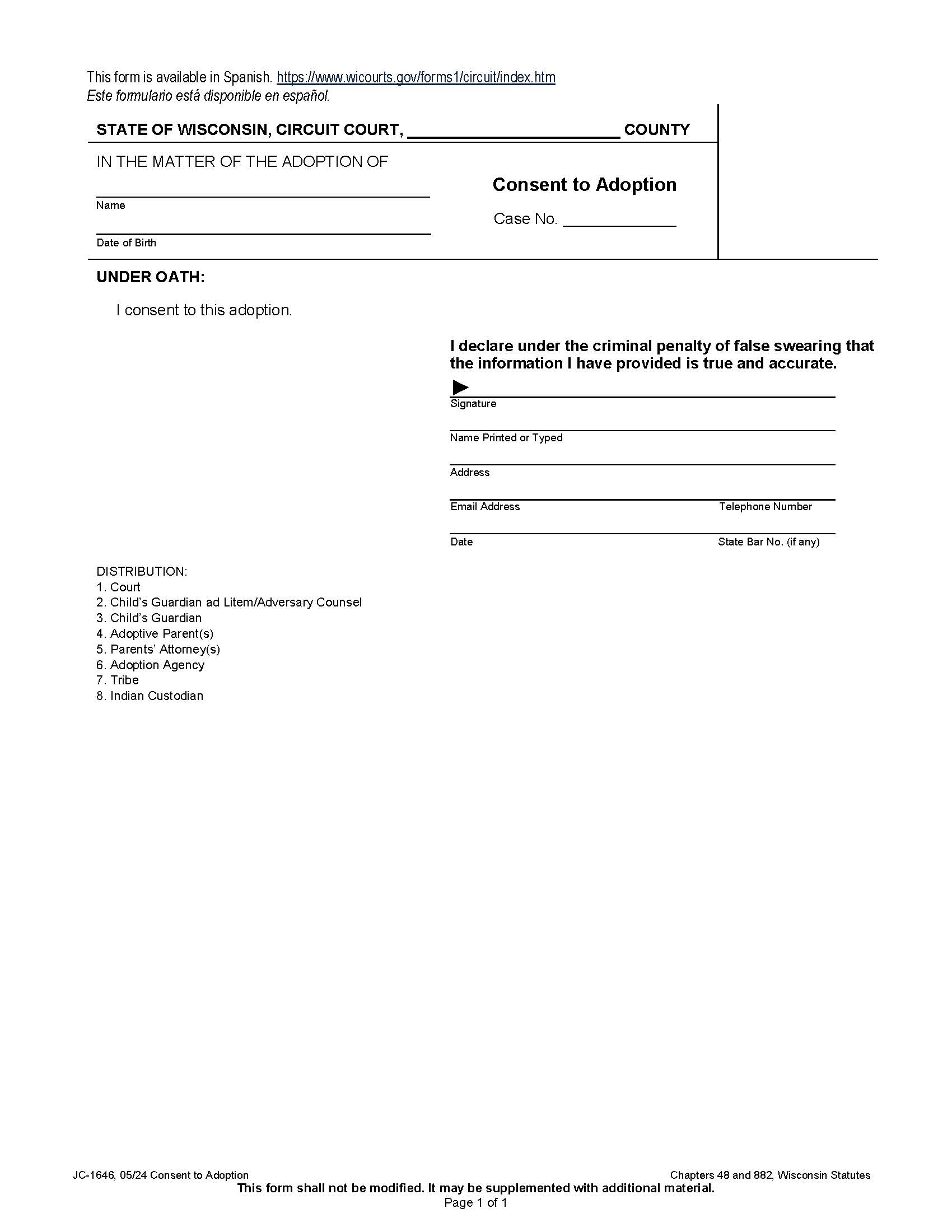 Consent To Adoption {JC-1646} | Pdf Fpdf Docx | Wisconsin