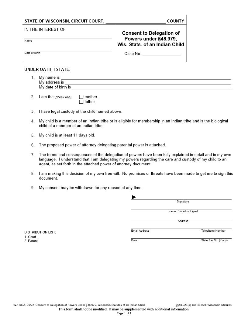 Consent To Delegation Of Powers ICWA {IW-1783A} | Pdf Fpdf Docx | Wisconsin