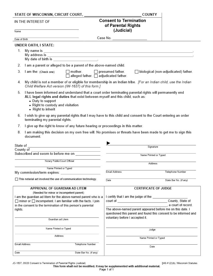 Consent To Termination Of Parental Rights (Judicial) {JC-1637} | Pdf Fpdf Docx | Wisconsin