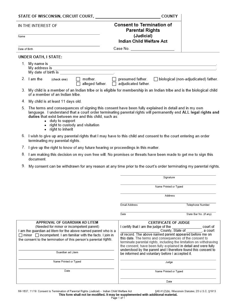 Consent To Termination Of Parental Rights (Judicial) ICWA {IW-1637} | Pdf Fpdf Docx | Wisconsin