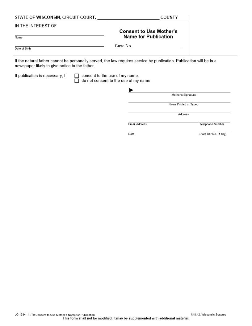 Consent To Use Mothers Name For Publication {JC-1634} | Pdf Fpdf Docx | Wisconsin