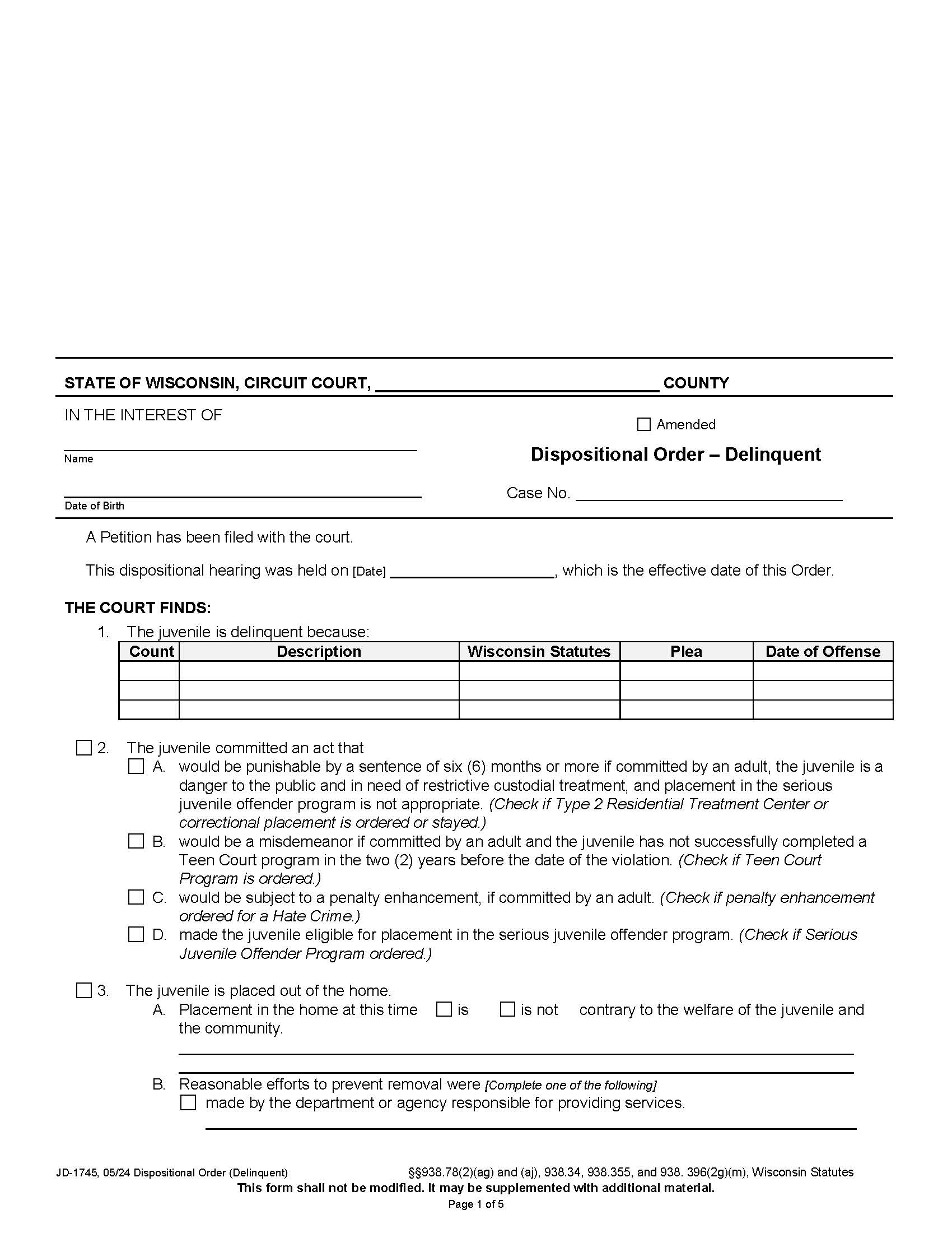 Dispositional Order - Delinquent {JD-1745} | Pdf Fpdf Docx | Wisconsin