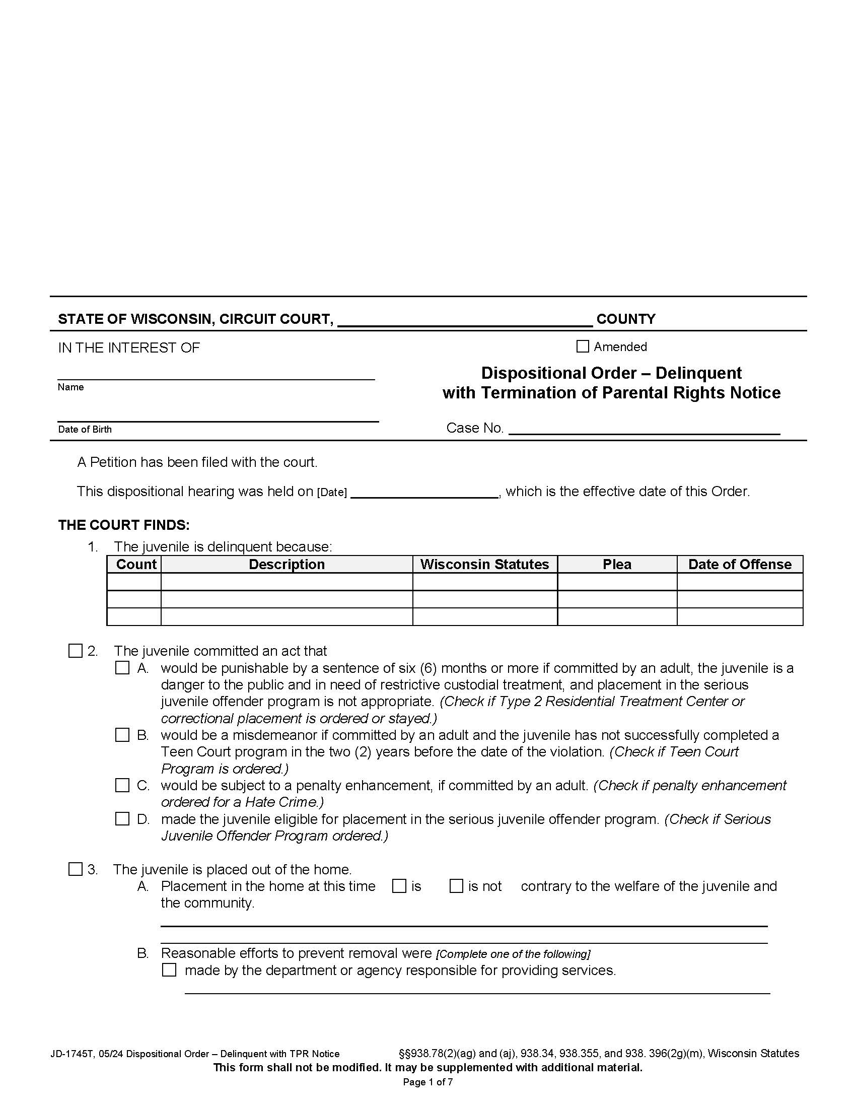 Dispositional Order - Delinquent With Termination Of Parental Rights {JD-1745T} | Pdf Fpdf Docx | Wisconsin