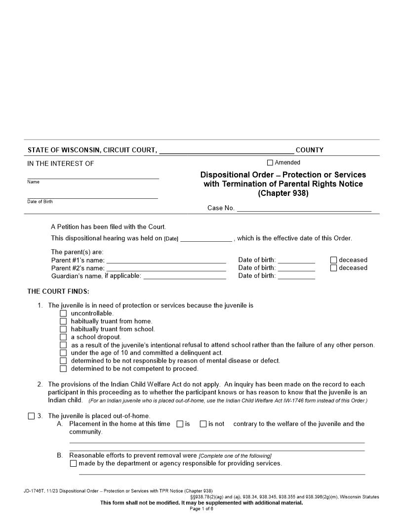 Dispositional Order - Protection Or Services With TPR Notice {JD-1746T} | Pdf Fpdf Docx | Wisconsin