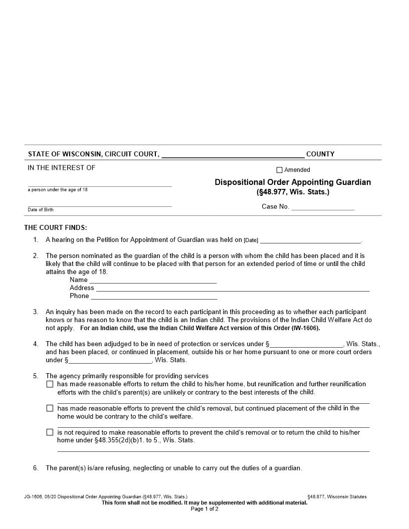 Dispositional Order Appointing Guardian {JG-1606} | Pdf Fpdf Docx | Wisconsin