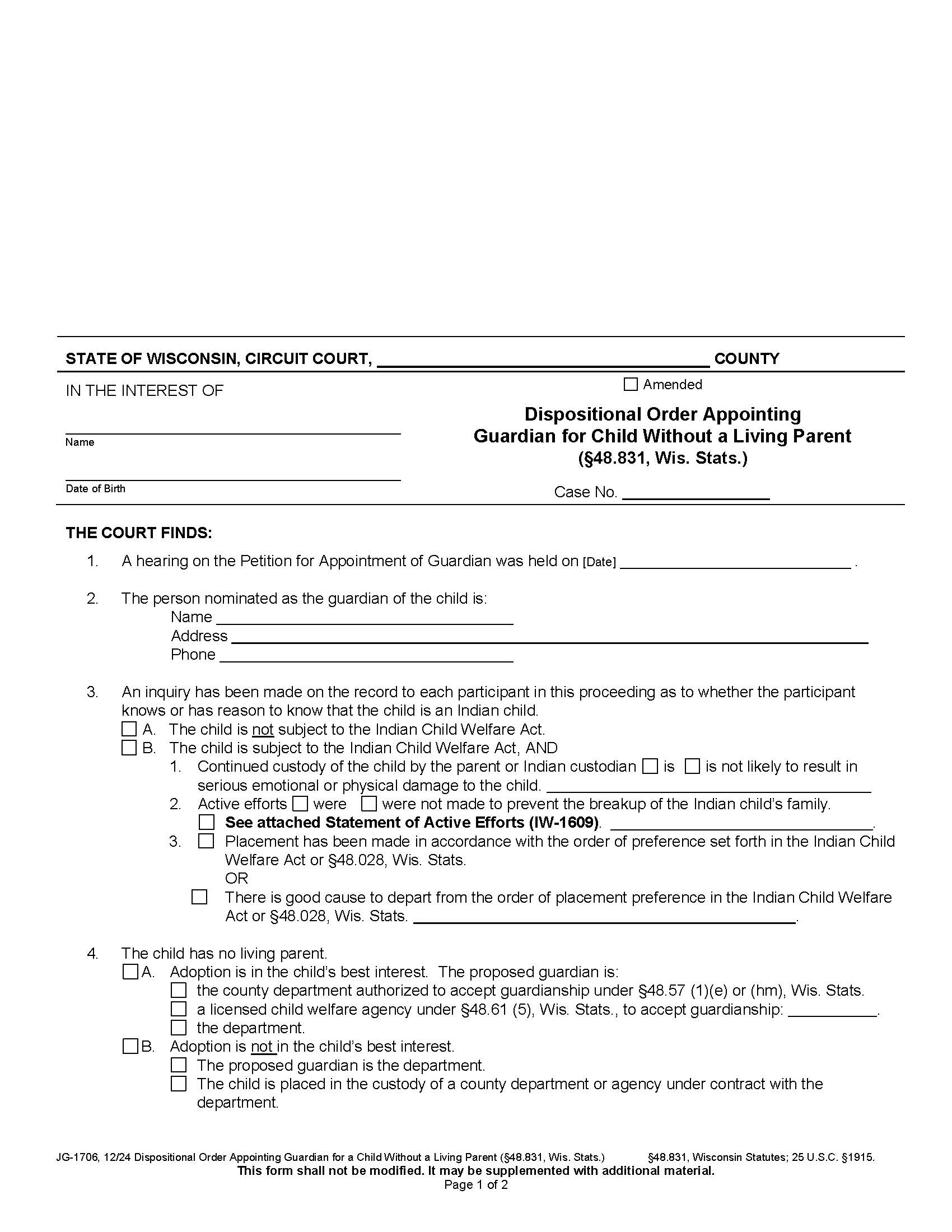Dispositional Order Appointing Guardian For Child Without Living Parent {JG-1706} | Pdf Fpdf Docx | Wisconsin