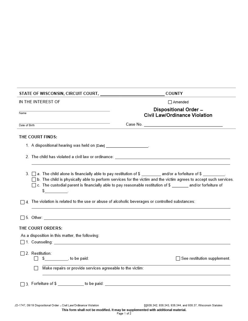 Dispositional Order Civil Law Ordinance Violation {JD-1747} | Pdf Fpdf Docx | Wisconsin