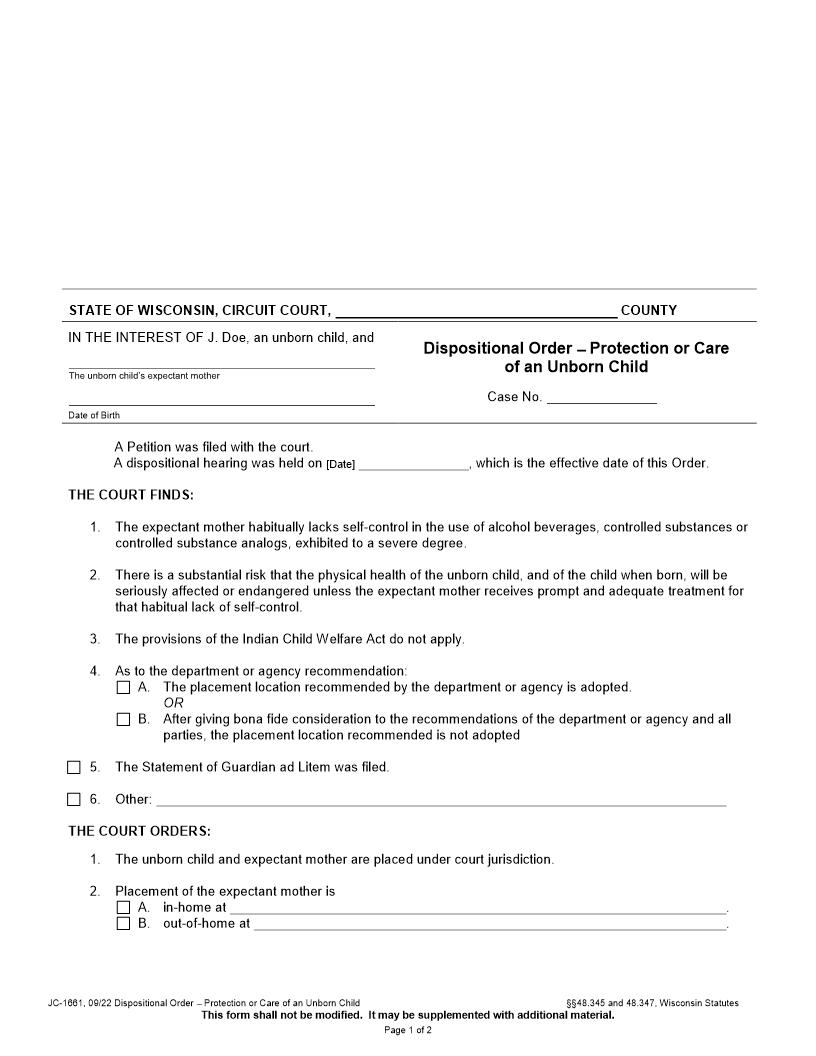 Dispositional Order Of Unborn Child {JC-1661} | Pdf Fpdf Docx | Wisconsin