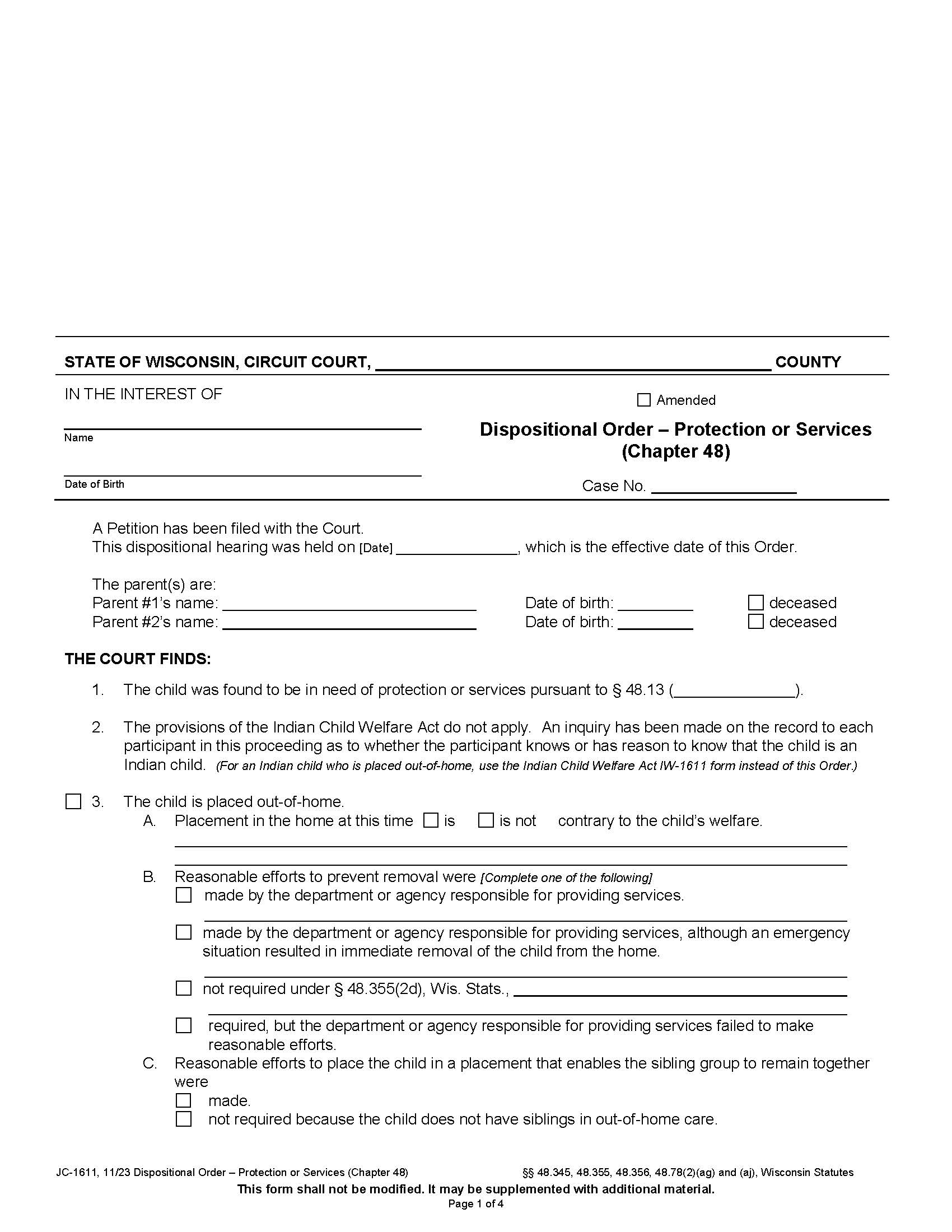 Dispositional Order Protection Or Services Chapter 48 {JC-1611} | Pdf Fpdf Docx | Wisconsin