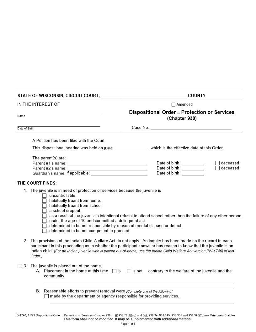 Dispositional Order Protection Or Services Chapter 938 {JD-1746} | Pdf Fpdf Docx | Wisconsin