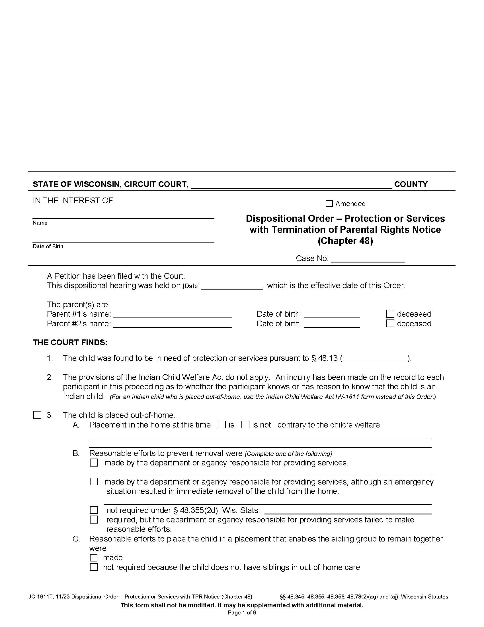 Dispositional Order Protection Or Services With Termination Of Parental Rights {JC-1611T} | Pdf Fpdf Docx | Wisconsin