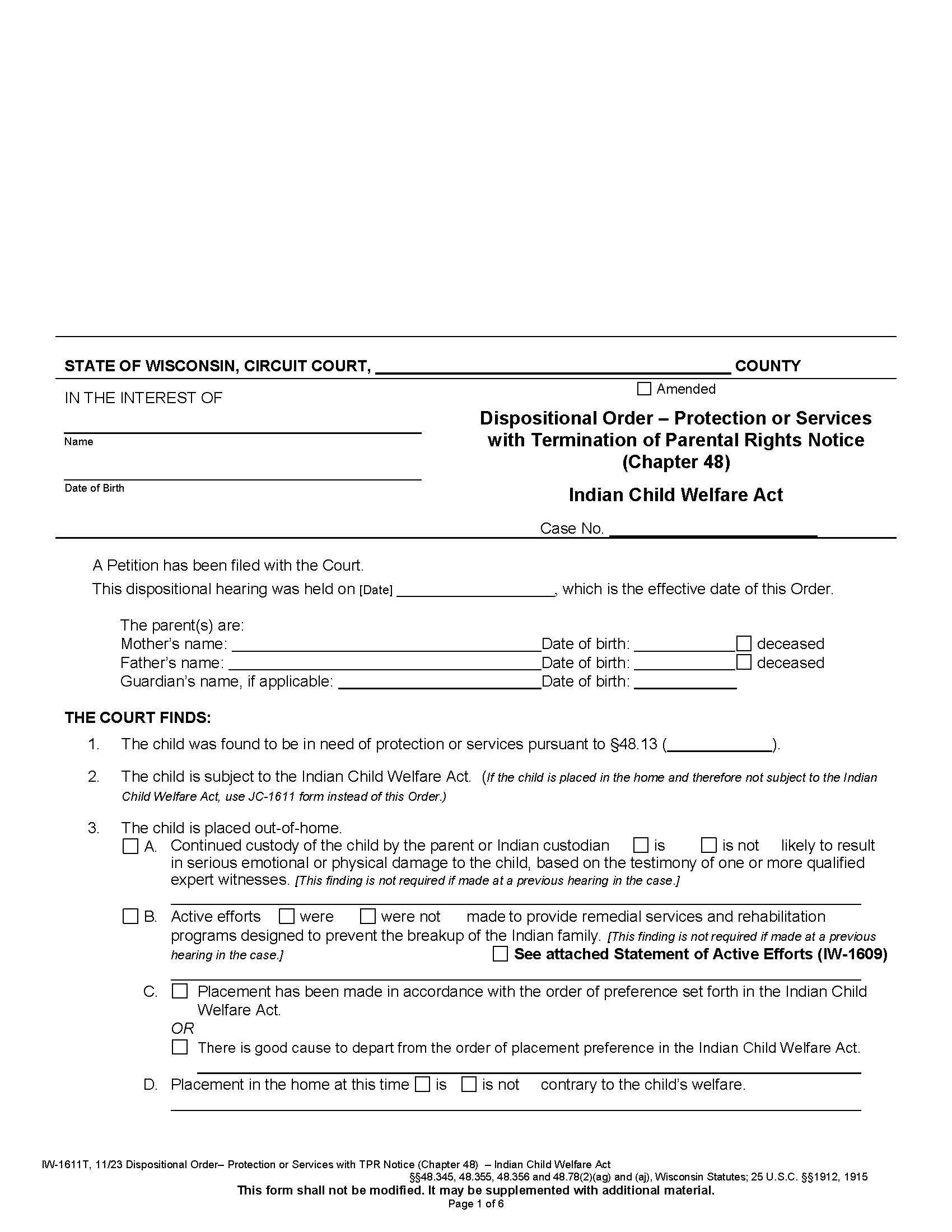 Dispositional Order-Protection Or Services With Termination Of Parental Rights {IW-1611T} | Pdf Fpdf Docx | Wisconsin