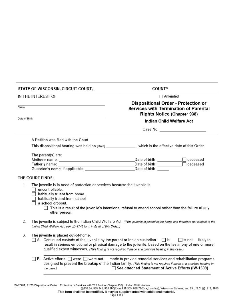 Dispositional Order-Protection Or Services With Termination Of Parental Rights {IW-1746T} | Pdf Fpdf Docx | Wisconsin