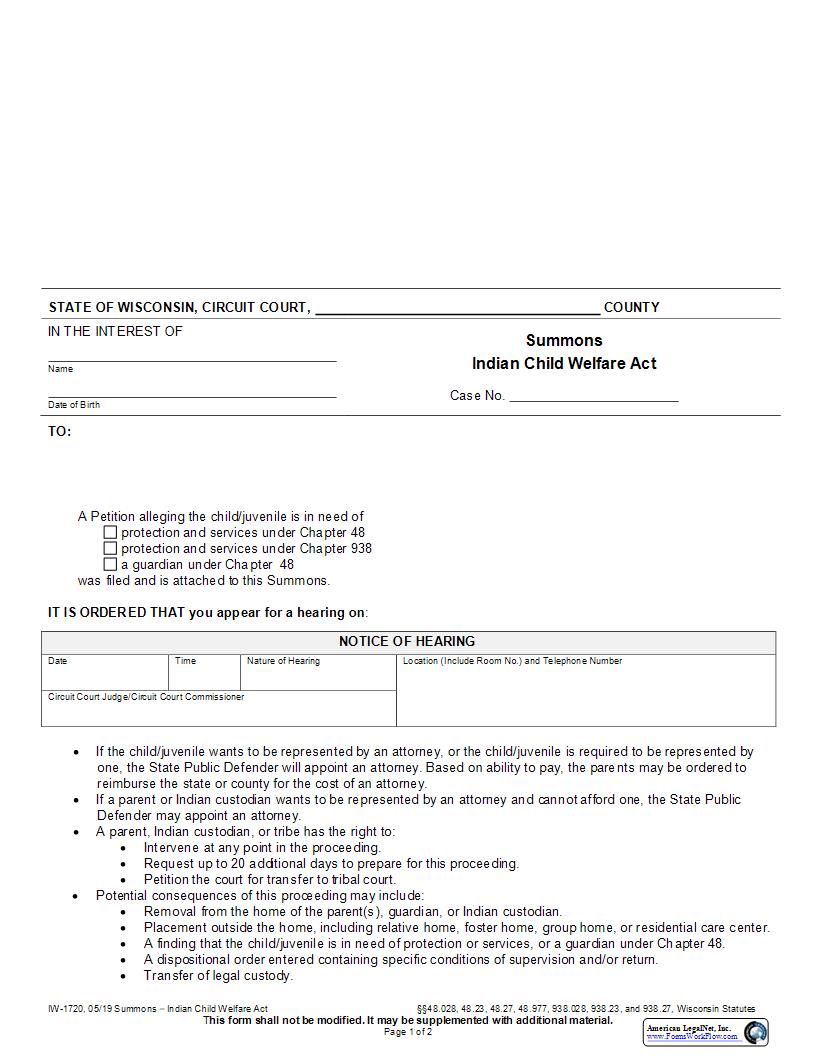 ICWA Summons {IW-1720} | Pdf Fpdf Docx | Wisconsin
