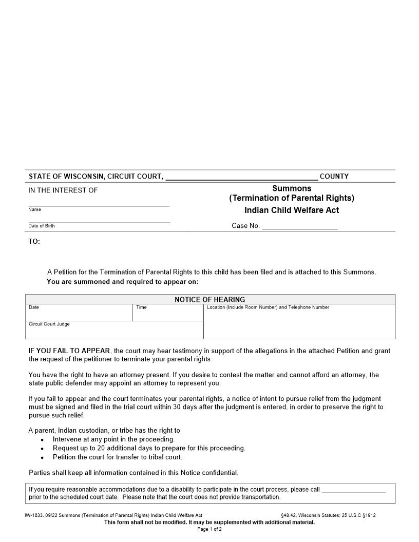ICWA Summons (Termination Of Parental Rights) {IW-1633} | Pdf Fpdf Docx | Wisconsin