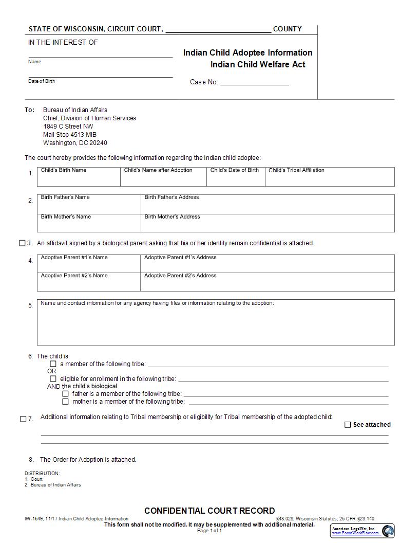 Indian Child Adoptee Information {IW-1649} | Pdf Fpdf Docx | Wisconsin