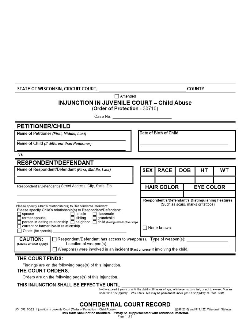 Injunction For Child Abuse {JC-1692} | Pdf Fpdf Docx | Wisconsin