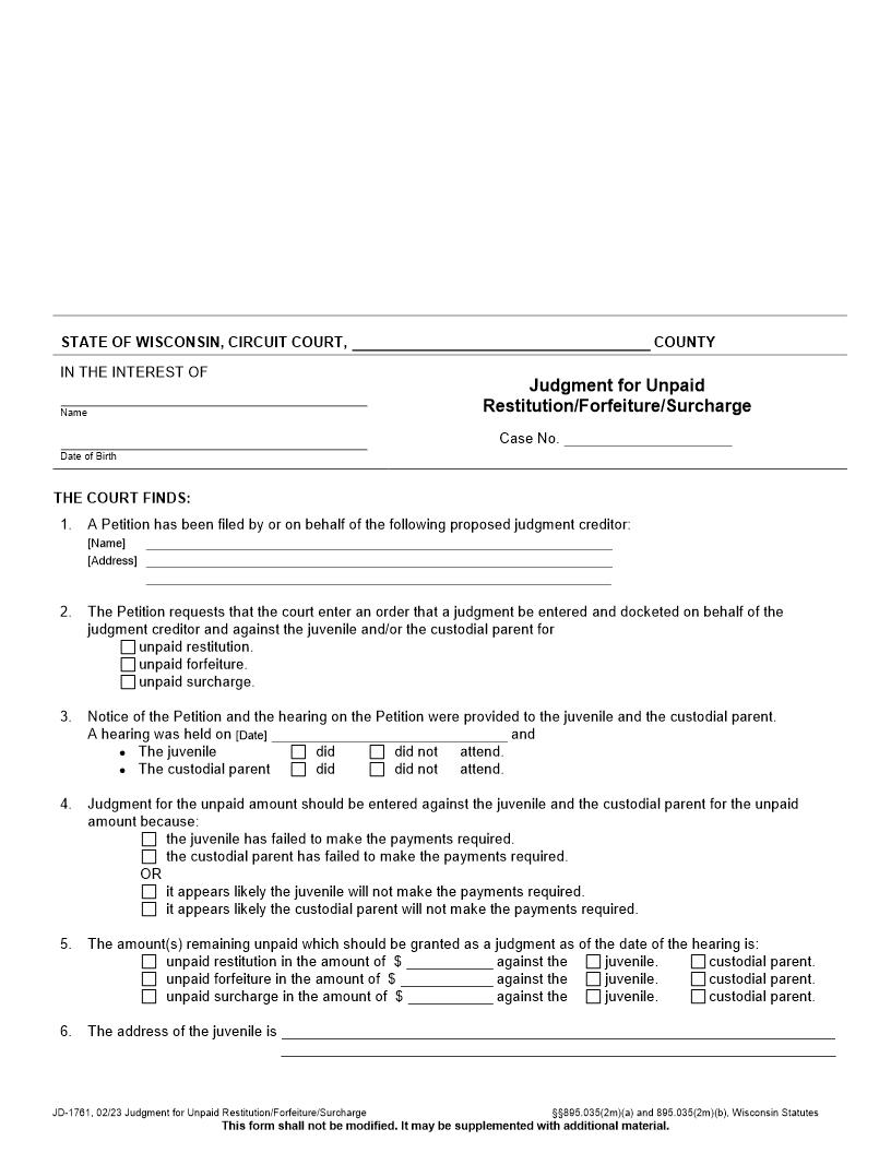 Judgment For Unpaid Restitution Forfeiture {JD-1761} | Pdf Fpdf Docx | Wisconsin