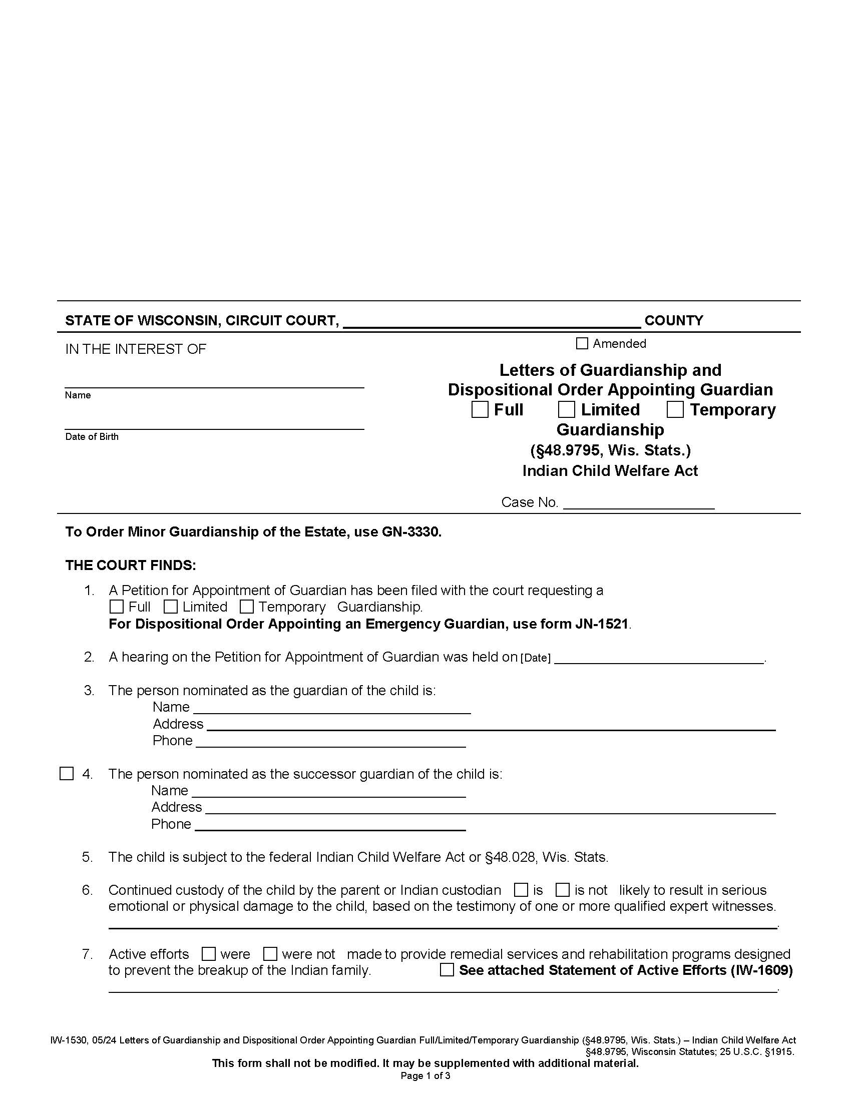 Letters Of Guardianship {IW-1530} | Pdf Fpdf Docx | Wisconsin