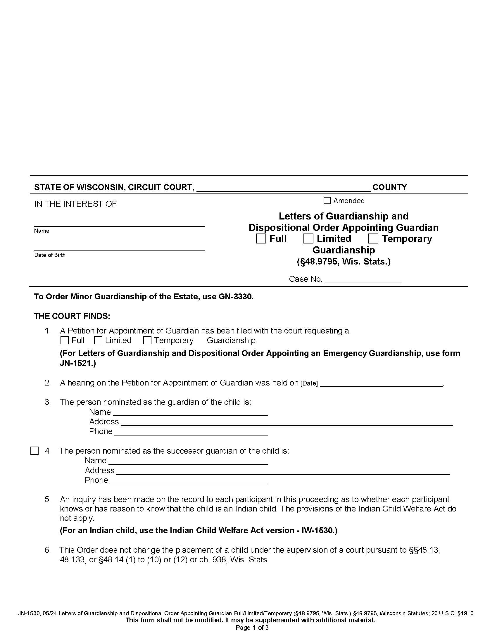 Letters Of Guardianship And Dispositional Order Appointing Guardian {JN-1530} | Pdf Fpdf Docx | Wisconsin