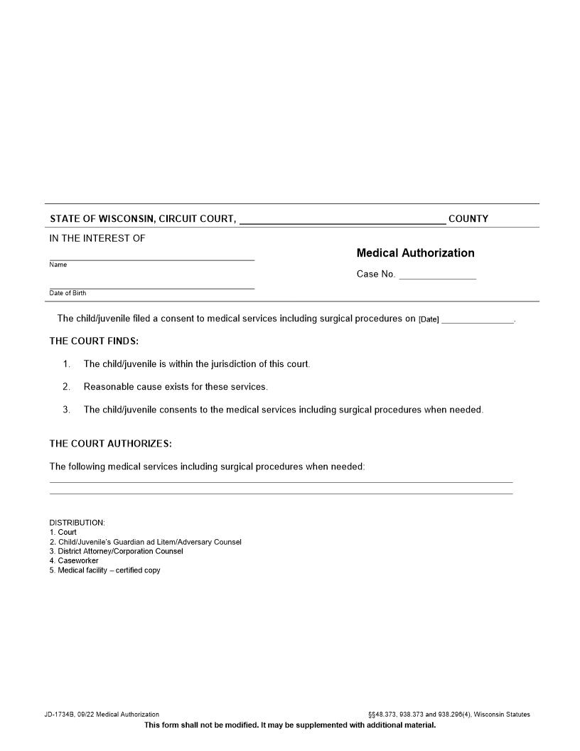 Medical Authorization {JD-1734B} | Pdf Fpdf Docx | Wisconsin