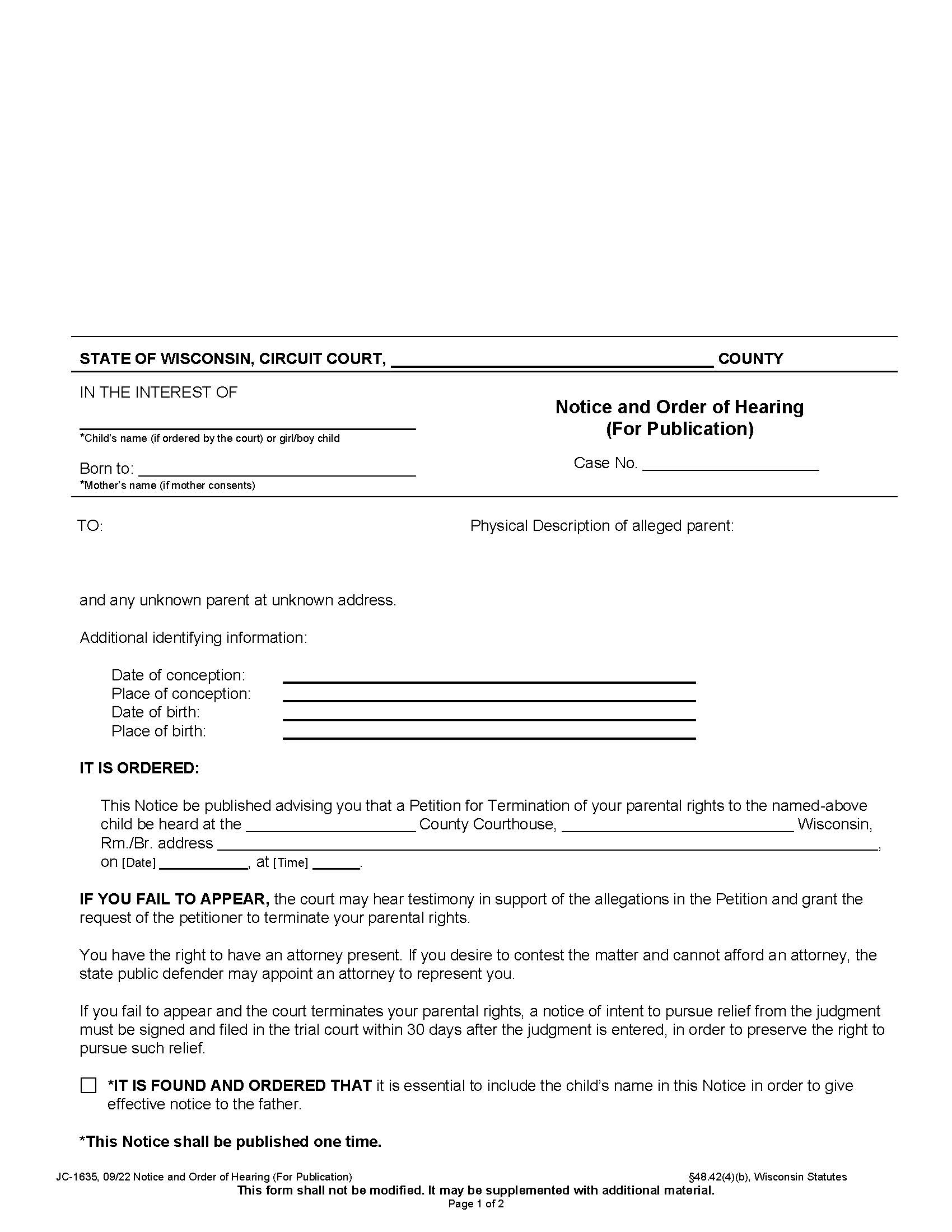 Notice And Order Of Hearing (For Publication) {JC-1635} | Pdf Fpdf Docx | Wisconsin