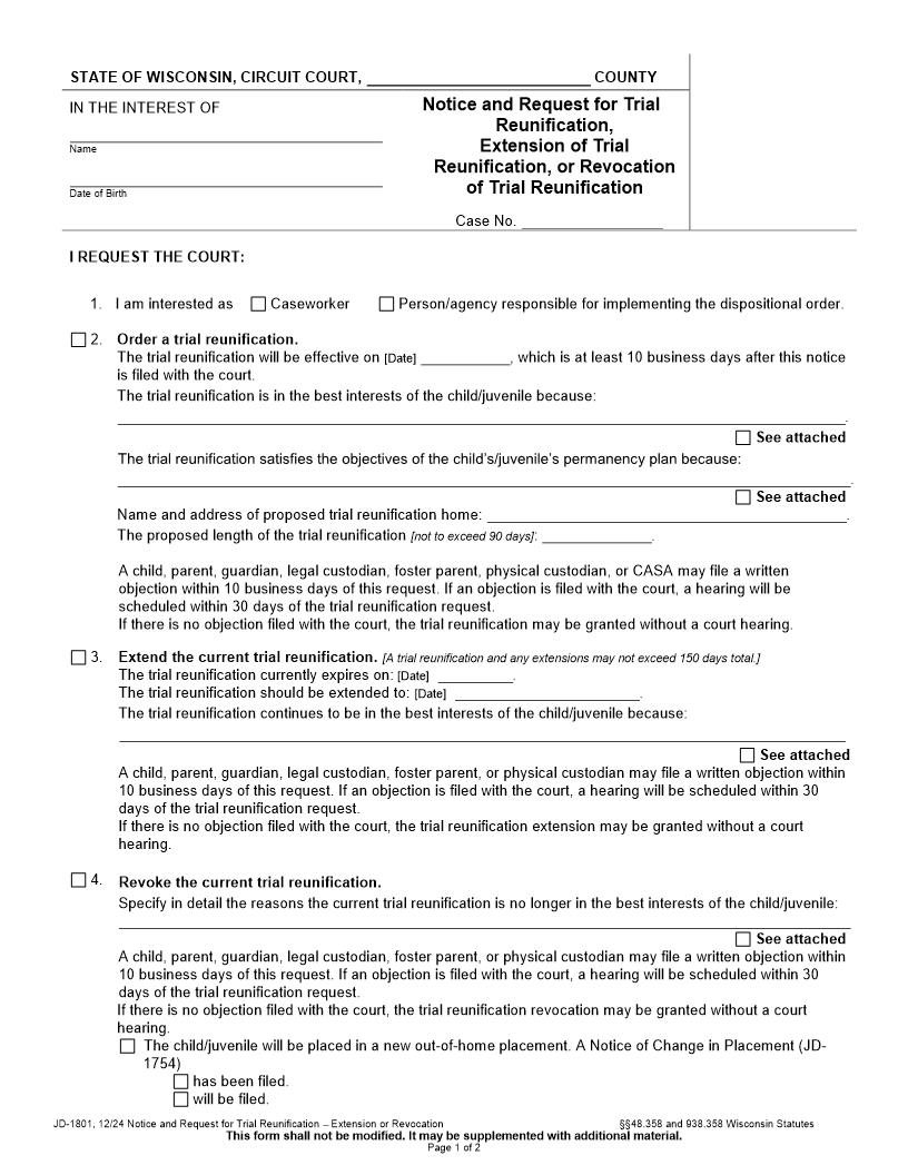 Notice And Request For Trial Reunification-Extension-Revocation {JD-1801} | Pdf Fpdf Docx | Wisconsin