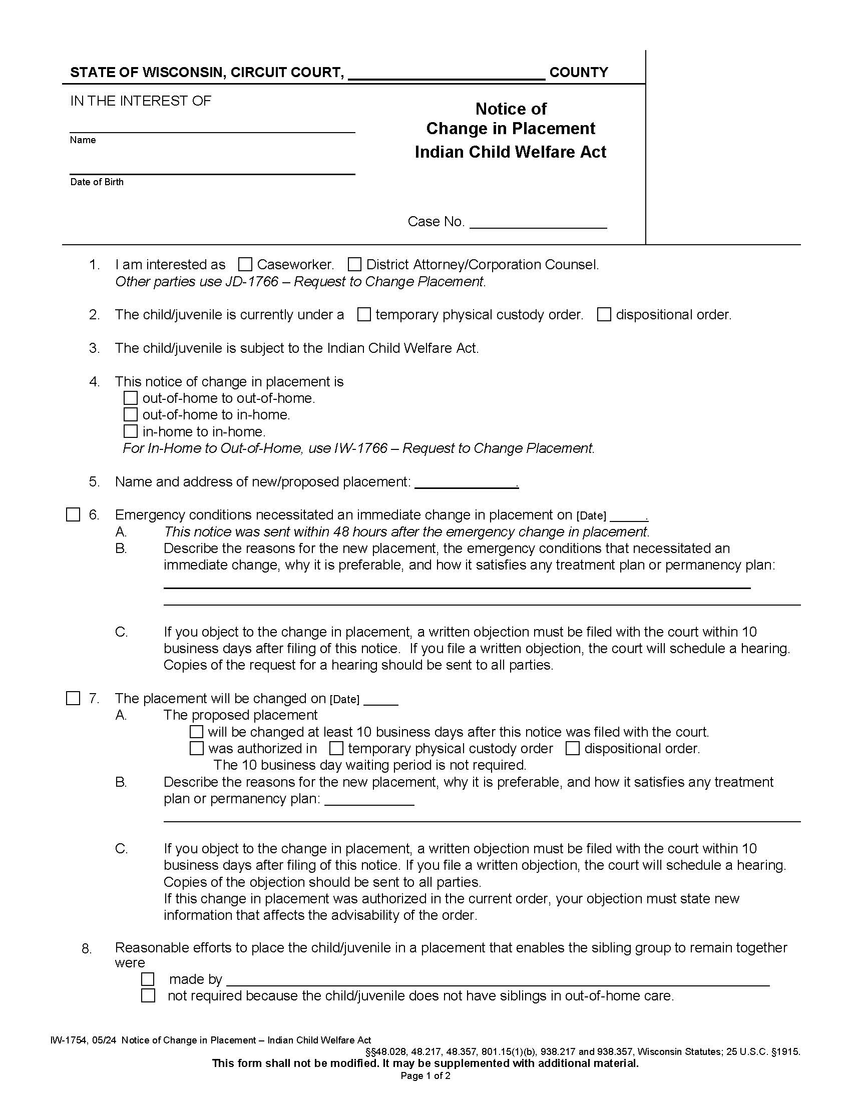 Notice Change In Placement ICWA {IW-1754} | Pdf Fpdf Docx | Wisconsin