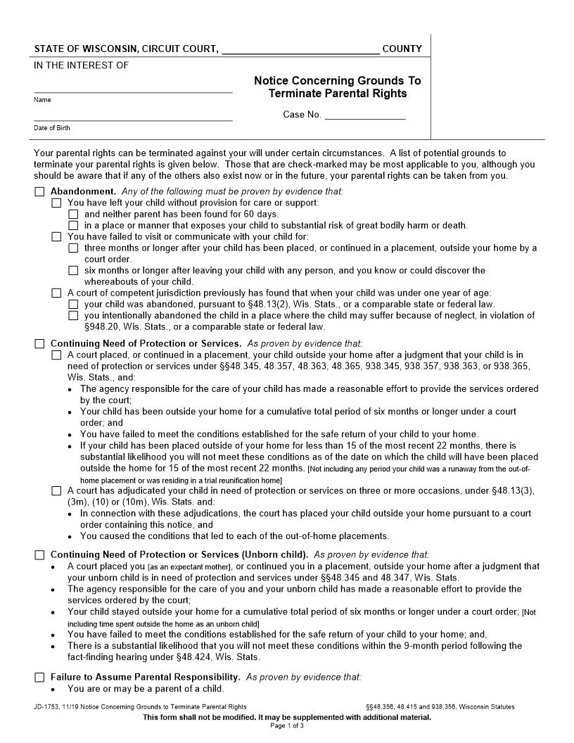 Notice Concerning Grounds To Terminate Parental Rights {JD-1753} | Pdf Fpdf Docx | Wisconsin