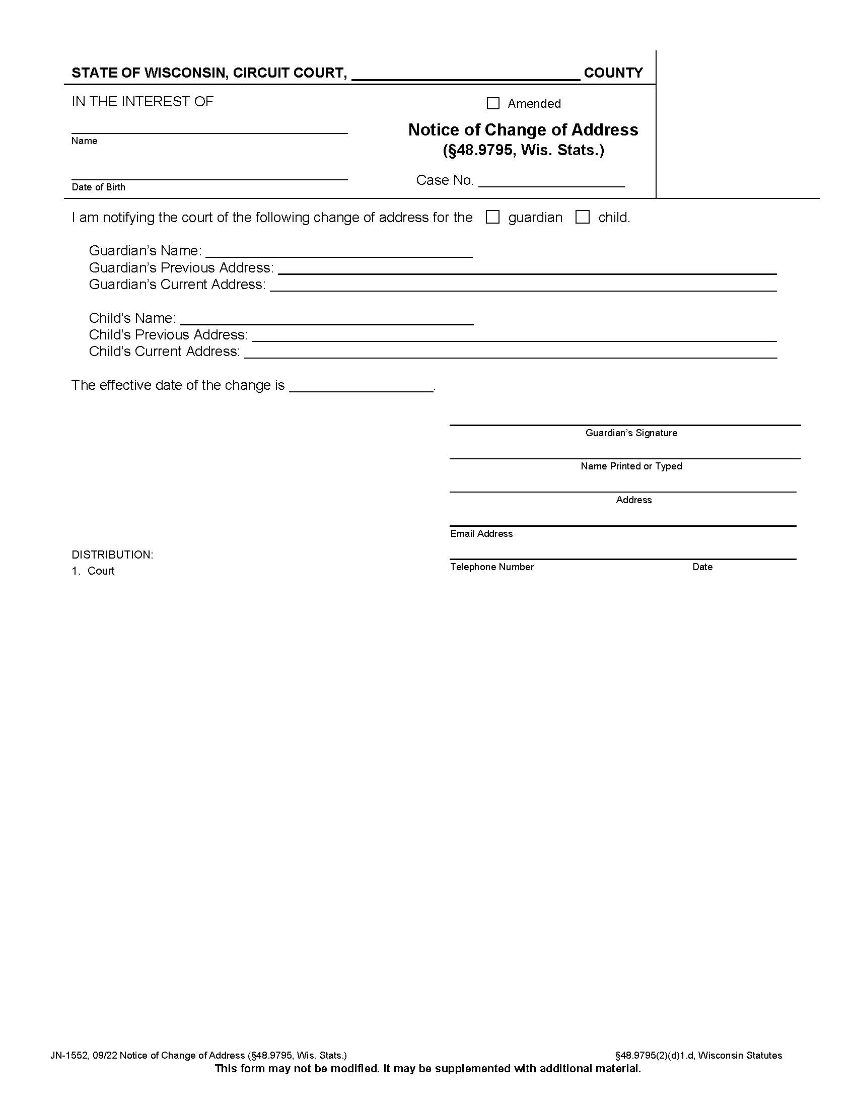 Notice Of Change Of Address {JN-1552} | Pdf Fpdf Docx | Wisconsin