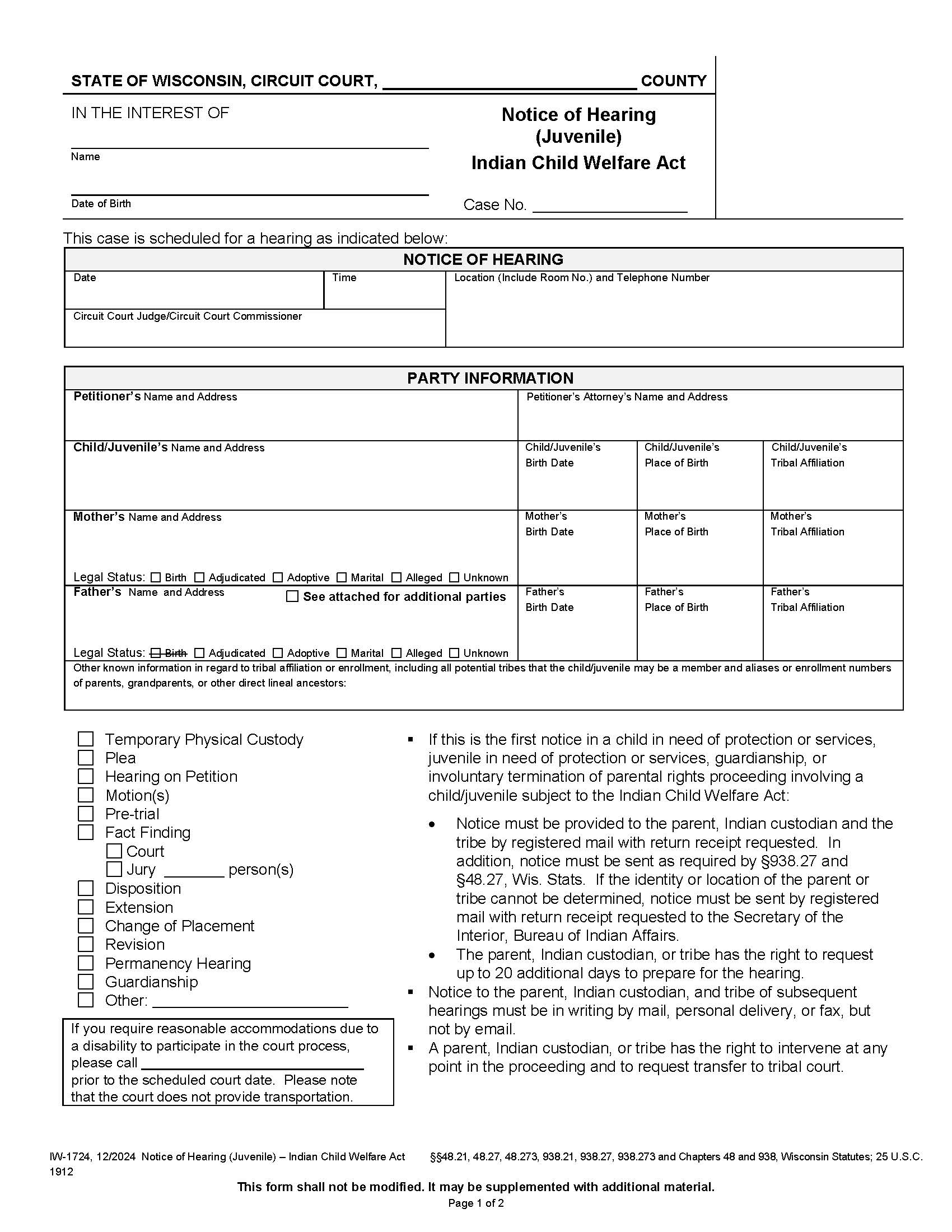 Notice Of Hearing (Juvenile) ICWA {IW-1724} | Pdf Fpdf Docx | Wisconsin