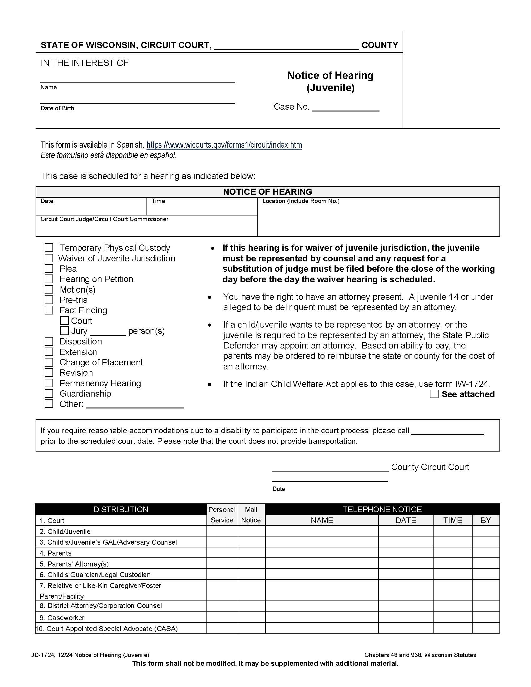 Notice Of Hearing Juvenile {JD-1724} | Pdf Fpdf Docx | Wisconsin