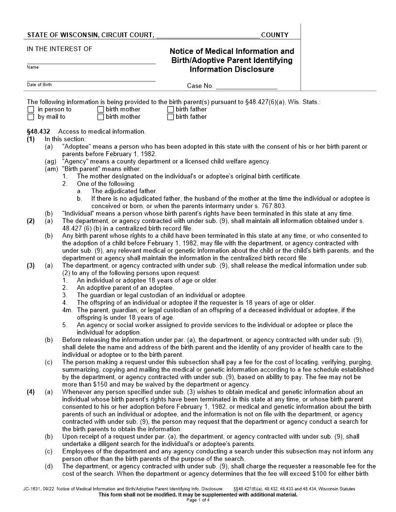 Notice Of Medical Information And Birth-Adoptive Parent Identifying Information Disclosure {JC-1631} | Pdf Fpdf Docx | Wisconsin