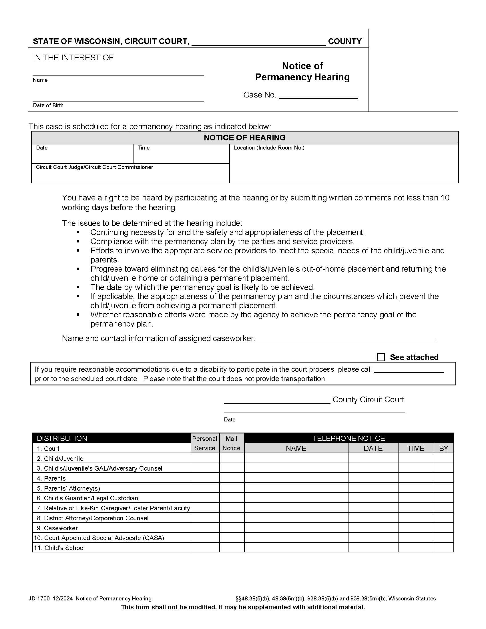 Notice Of Permanency Hearing {JD-1700} | Pdf Fpdf Docx | Wisconsin